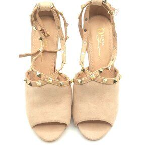 Olivia Ferguson Size 7 Nude Suede Peep-Toe Studded Strappy Sandals Strap Shoes
